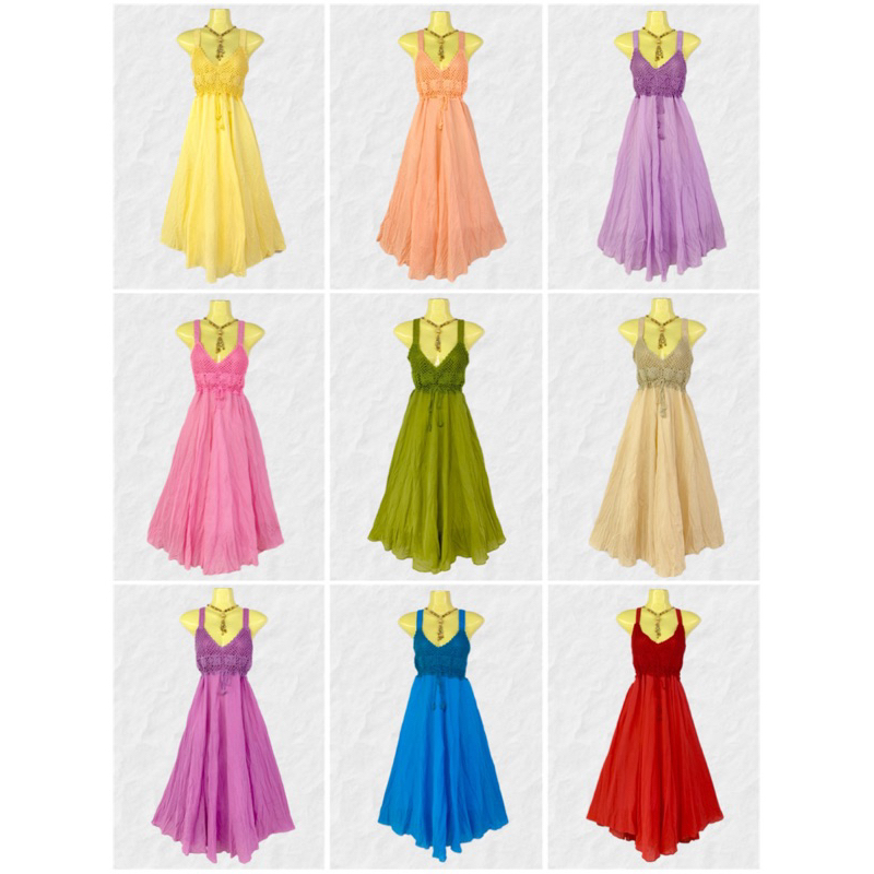 Dress เดรสถักอกต่อผ้าสีพื้น ชุดใส่ไปทะเล