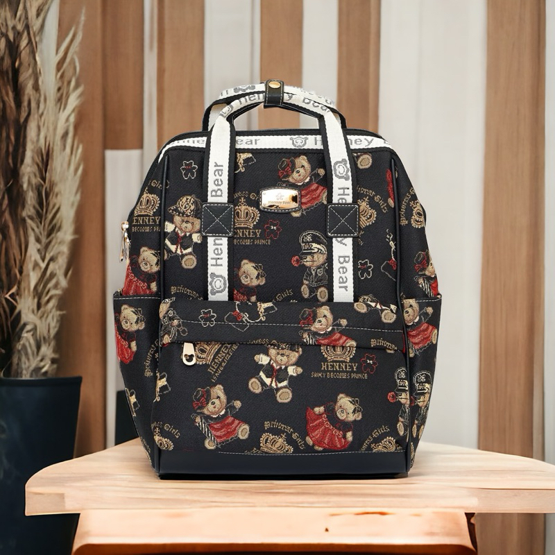 Henneybear-275 Crownbear กระเป๋าเป้สีดำ ลายคราวน์แบร์