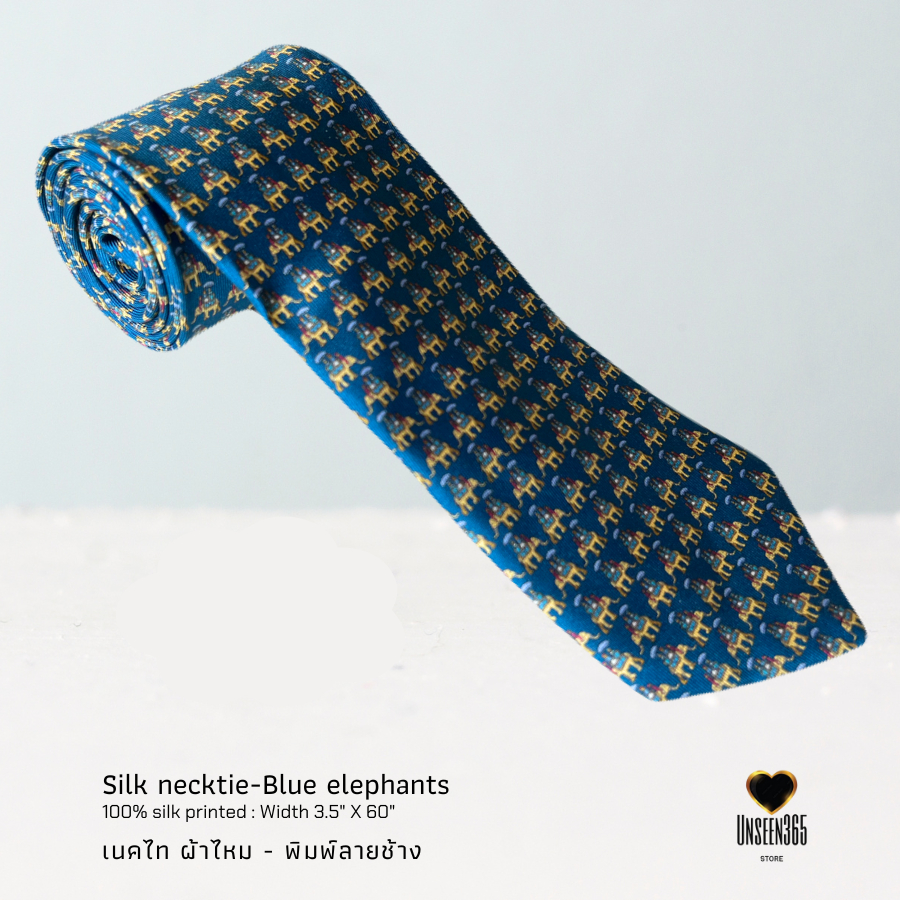เนคไทผ้าไหม พิมพ์ลายช้าง สีกรม -TE 19 -Silk necktie 100% Silk Printed - จิม ทอมป์สัน Jim Thompson