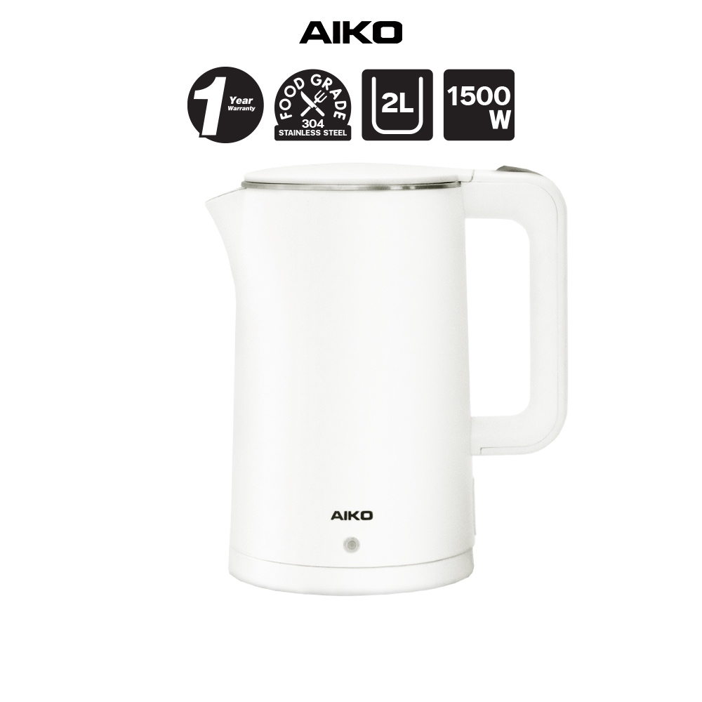 AIKO AK-K200 สีขาว เหยือกต้มน้ำร้อน 2 L สแตนเลสฟู้ดเกรด 304 ***รับประกันการใช้งาน 1 ปี