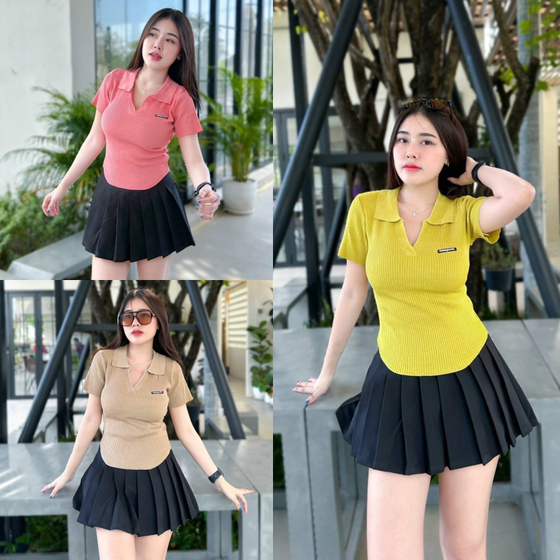 SpinnyHouse เสื้อครอปคอวี ผ้าไหมพรมยืดตามตัว สาวอวบใส่ได้น้า รุ่น ซองบุญ B-021-4-A