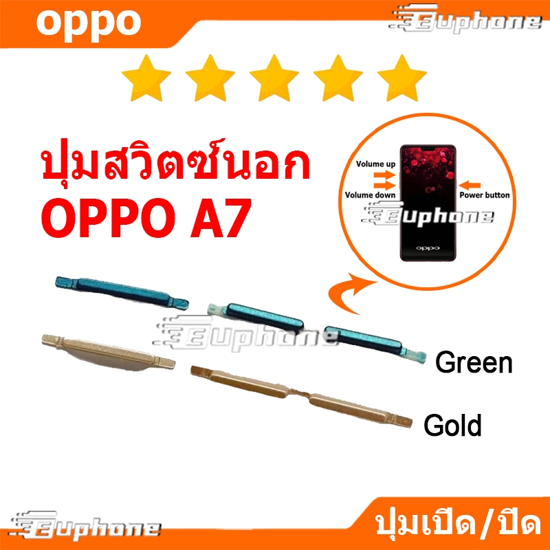 ปุ่มกดสวิทช์ด้านนอก OPPO A7 ปุ่มเปิดปิด ปรับระดับเสียงขึ้นลง ปุ่มลดเสียง ปุ่มเพิ่มเสียง ON OFF+VOLUME BUTTON