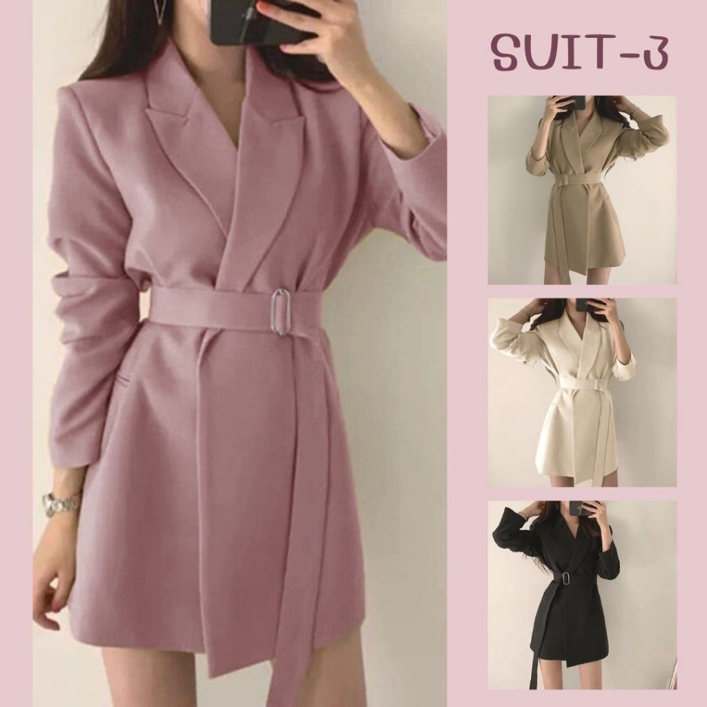 SUIT-3 ชุดสูท แขนยาว สูทเดรสกระโปรง แถมเข็มขัดผ้า สูทผู้หญิง มีซับใน ผ้าคุณภาพดี สีสวย พร้อมส่ง