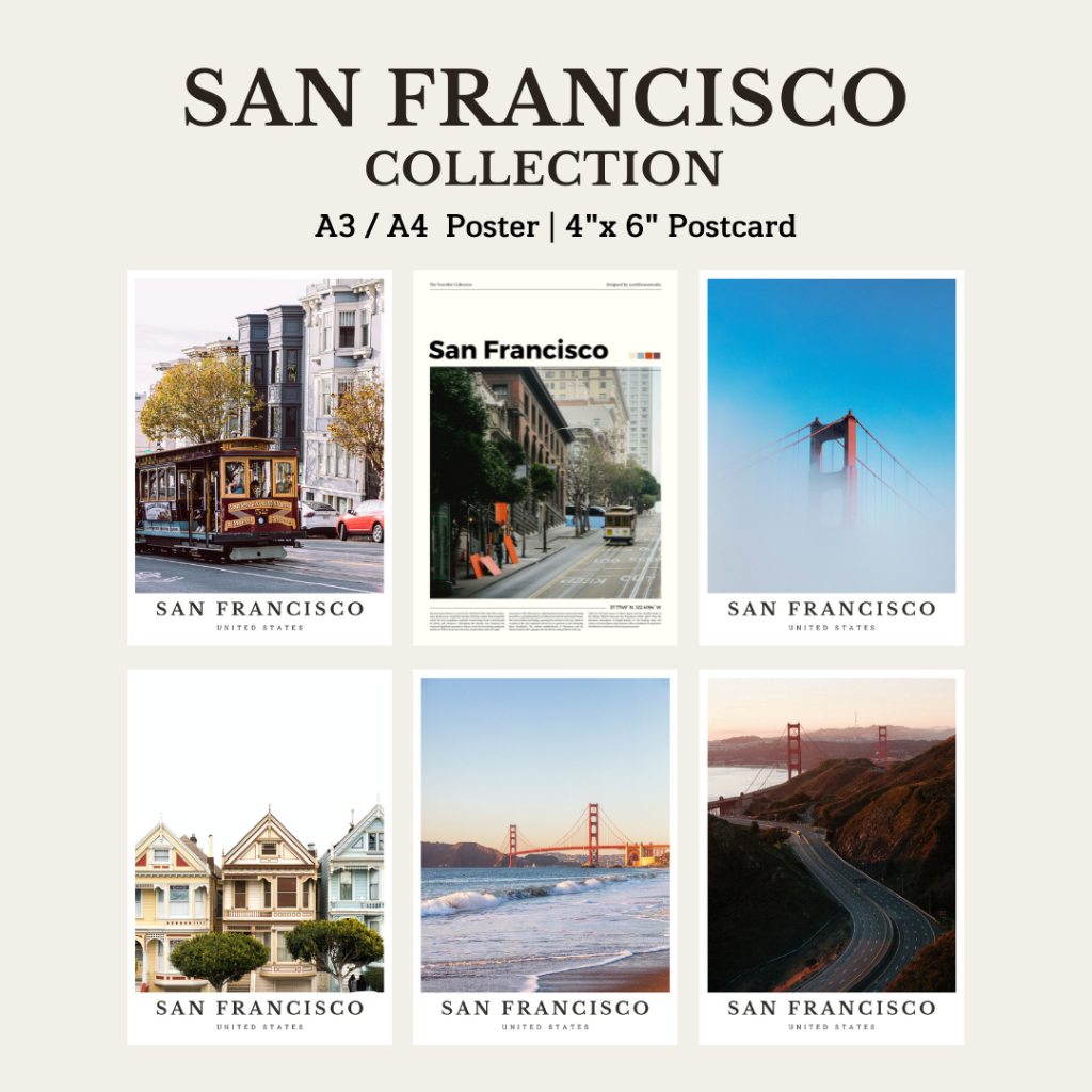โปสเตอร์ติดผนัง ชุด San Francisco Collection 🇺🇸 ขนาด A3/A4 ภาพตกแต่งห้อง ภาพอเมริกา สถานที่ท่องเที่ยว ภาพศิลปะ