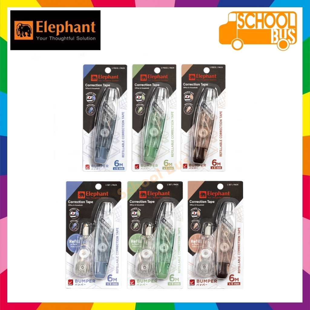 เทปลบคำผิด ตราช้าง พร้อมไส้เติม รีฟิลล์ บัมเปอร์ 6 มม. Correction Tape + Refill Bumper Elephant 6 mm.