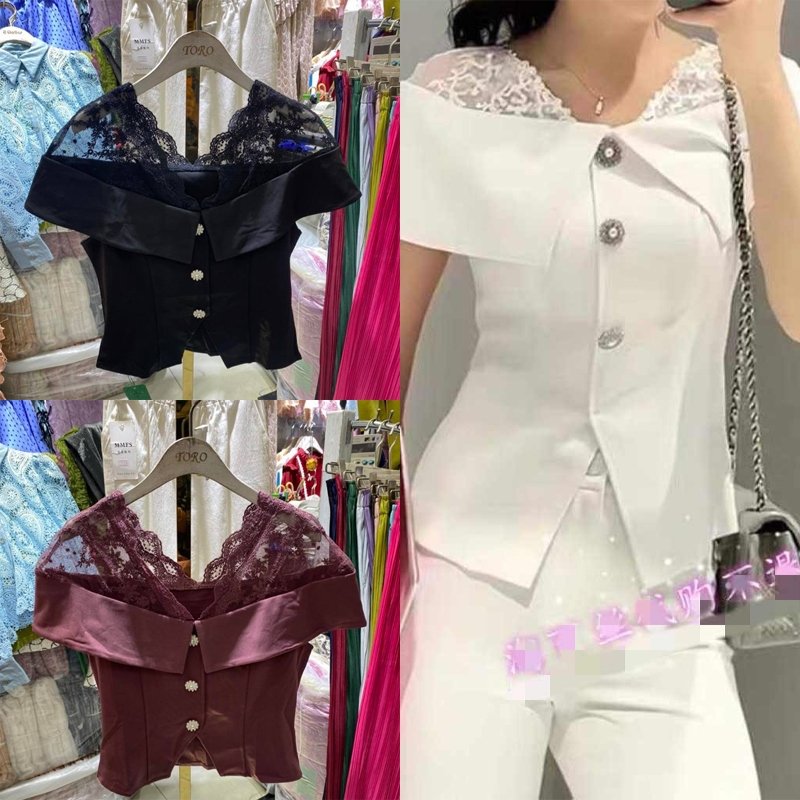 เสื้อผ้าเทพคอวีแต่งซีทรูลูกไม้แขนสั้นแต่งกระดุม ซิปข้าง 6 สี Free size (รหัสb640)