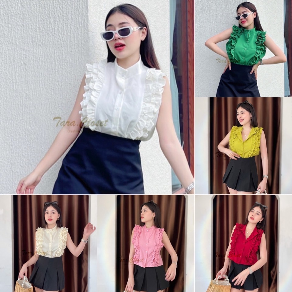 MR005 TARA Sleeveless Shirt เสื้อแขนกุด คอจีน กระดุมหน้า แต่งระบายข้าง 3 ชั้น เนื้อผ้าครัช ผ้าดี อยู่ทรง รีดง่าย