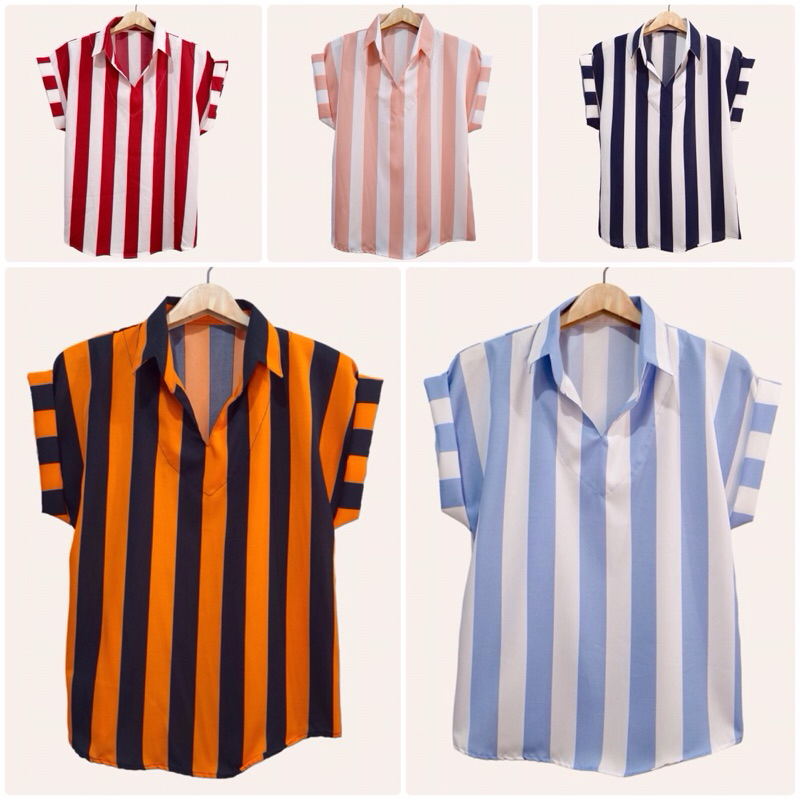 (อก 42“) เสื้อคอปก เเขนสั้น ลายทาง ผ้าไหมอิตาลี ไม่ต้องรีด