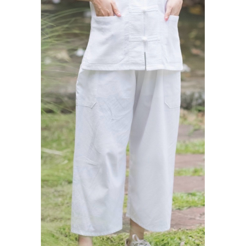 ชุดขาวปฏิบัติธรรม ชุดขาวเข้าวัด ชุดขาวกินเจ ชุดเสื้อพร้อมกางเกง ใส่สบาย 5แบบ ไซส์38“-52” - รูปที่ 5