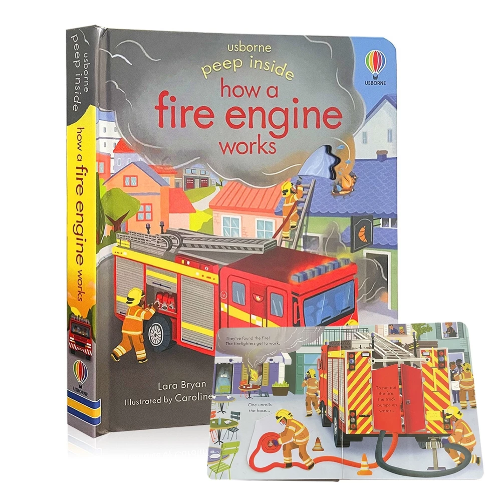 Usborne Peep Inside ธีการทำงานของรถดับเพลิง หนังสือการ์ดภาษาอังกฤษ 3D Flap หนังสือการศึกษาสำหรับเด็ก