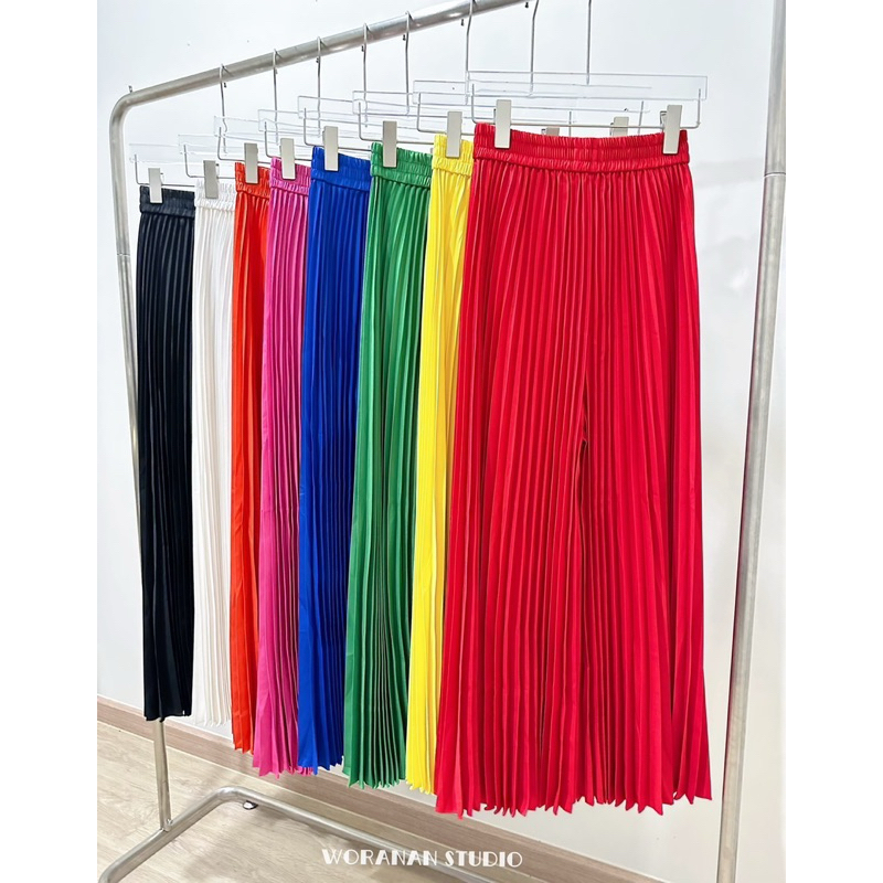 กางเกงอัดพลีทขายาวเอวสม๊อคทรงปลายบานงานสีพื้นสีสันสดใส - รูปที่ 2