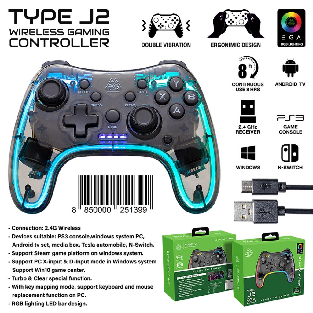 จอยเกมส์ไร้สาย EGA TYPE J2 Wireless Gaming Controller ตัวจอยโปร่งใสโชว์ไฟ RGB 10 สี ใช้งานได้นาน 8 ชั่วโมง