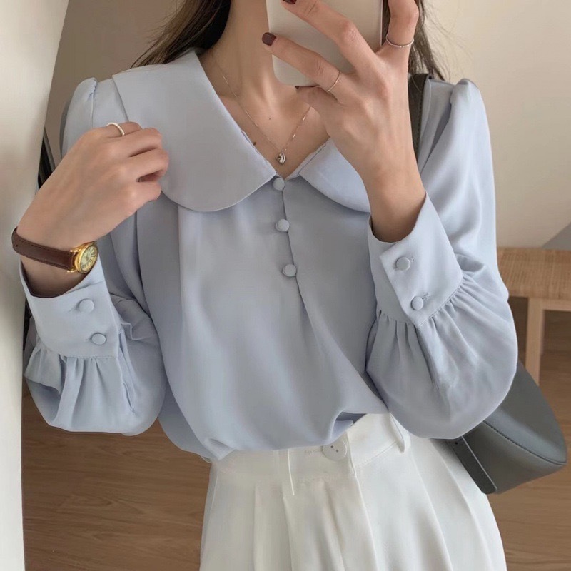 เสื้อเชิ้ตแขนยาว คอปก สีพื้น ผ้าเบาบาง ทรงหลวม #0420