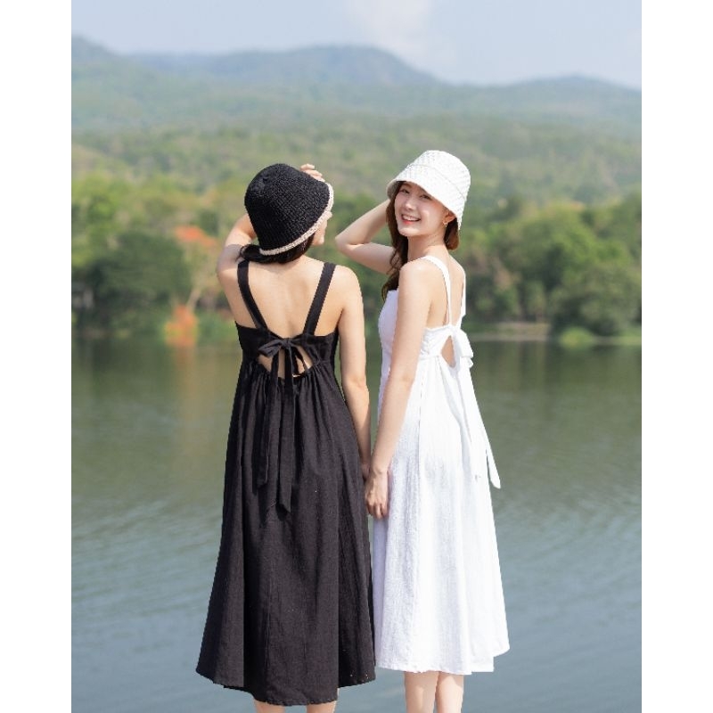 Smiley Dress เดรสมินิมอล เดรสสายเดี่ยว มีโบว์ด้านหลัง งานตัดเอง (ถ่ายจากสินค้าจริง)