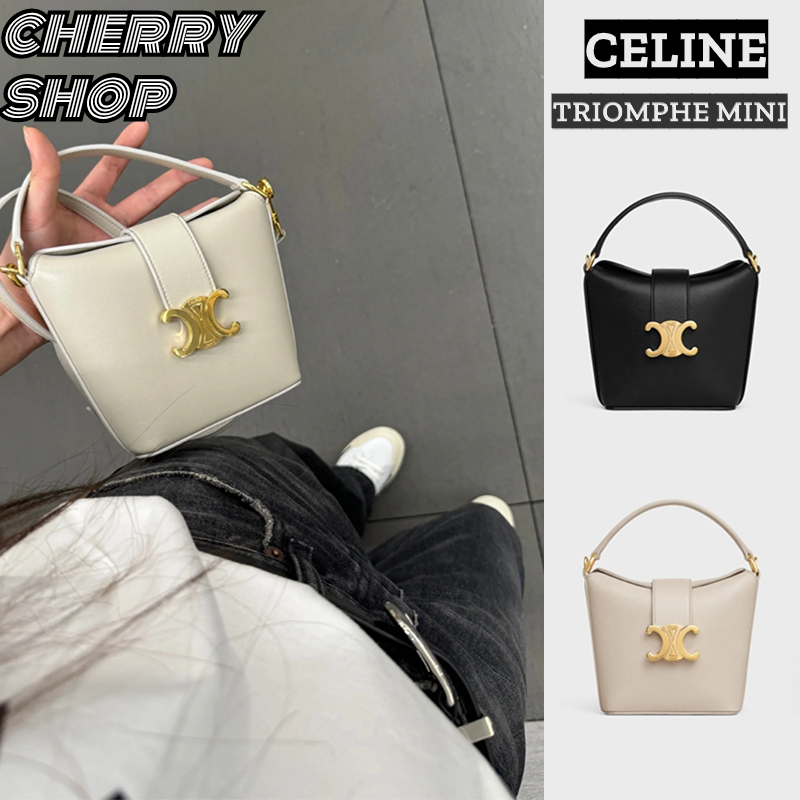 🍒ซีลีน Celine TRIOMPHE mini smooth cow leather bucket bag🍒ถุงถัง กระเป๋าถือสตรี