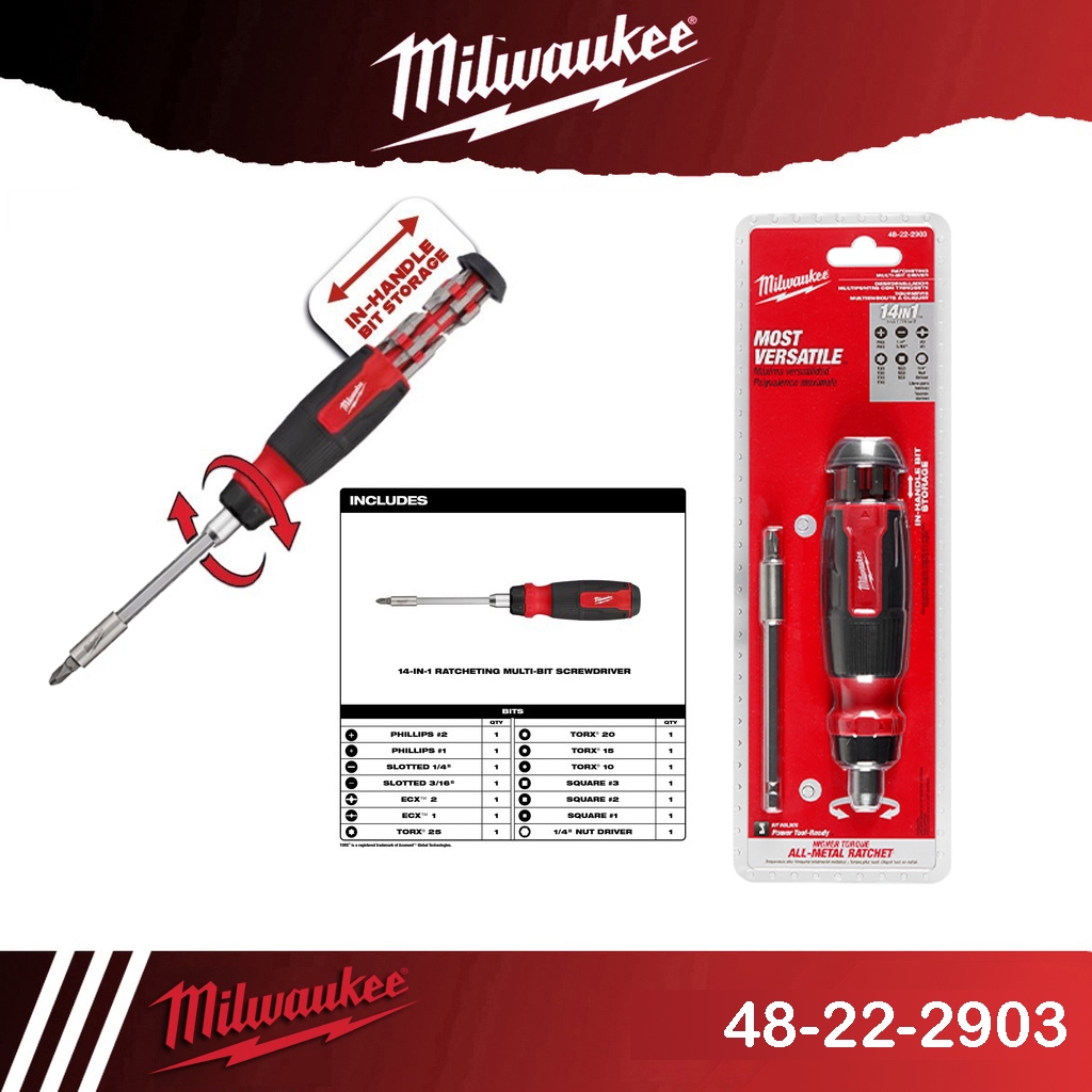 Milwaukee 48-22-2903 ไขควง 14-in-1 Ratcheting Multi-Bit Screwdriver