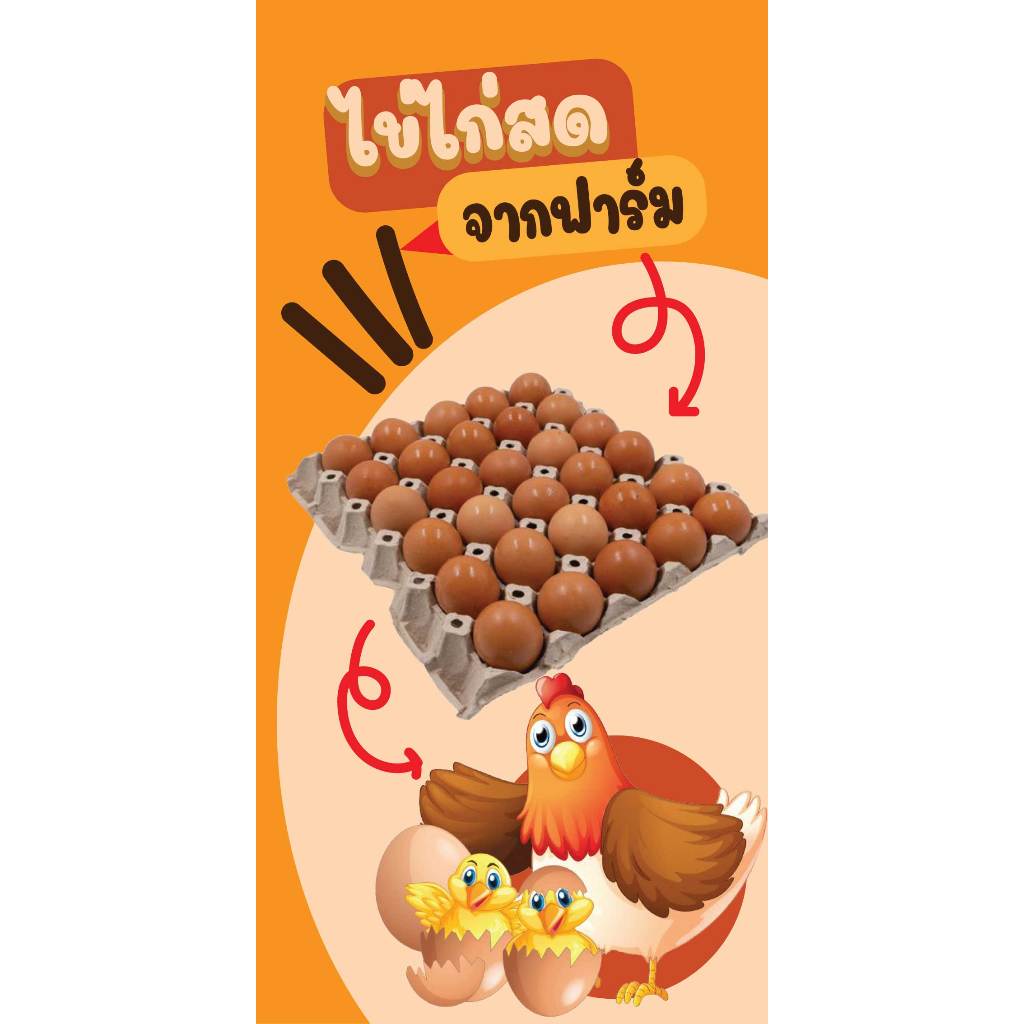 ป้ายไวนิลขายไข่ไก่สด ป้ายขายไข่ไก่ ป้ายไข่ไก่ ขายไข่พิมพ์ 1 ด้าน เจาะรูตาไก่ฟรี 4มุม ลูกค้าเลือกขนาดได้ที่ตัวเลือกสินค้า