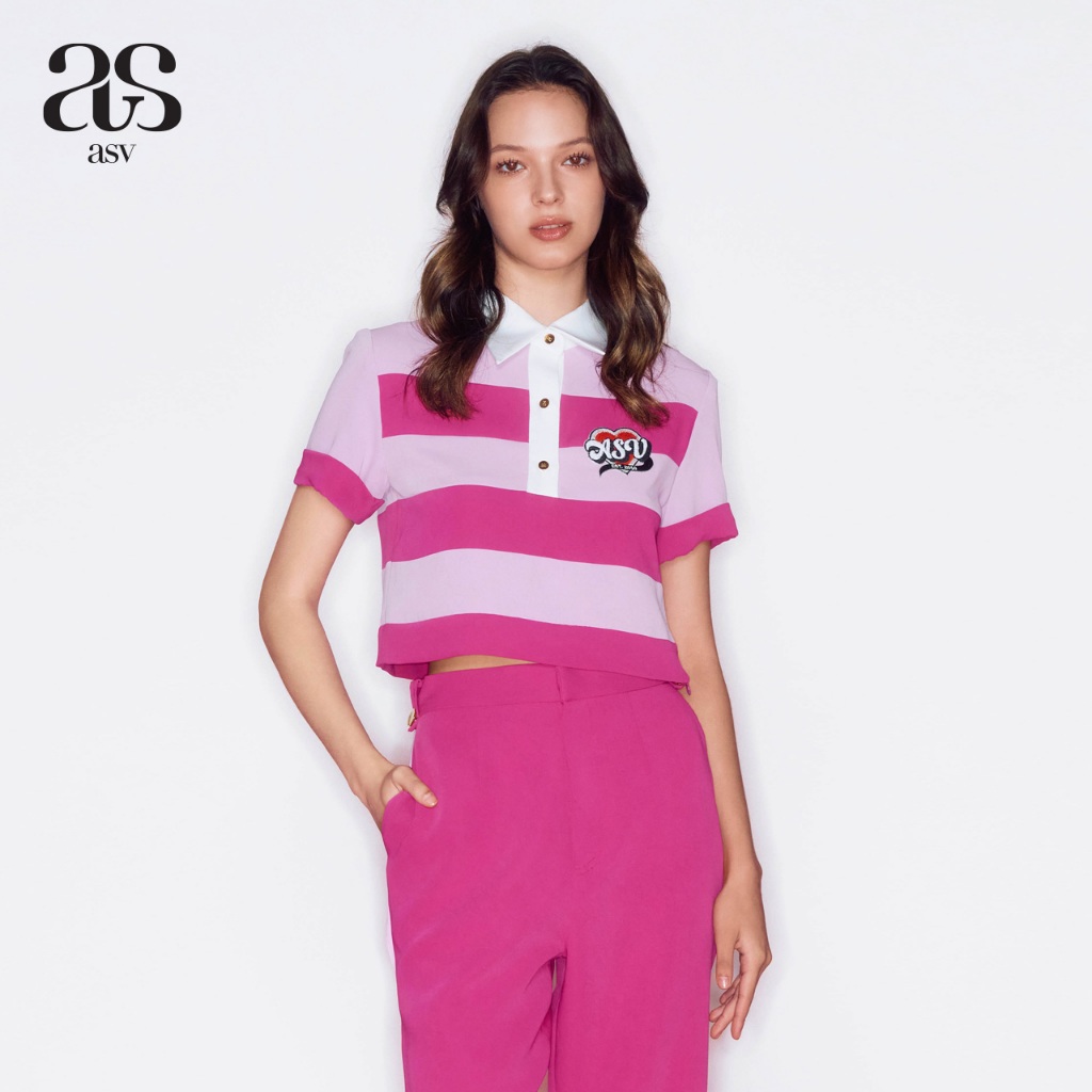 [asv rs24] Asv Stripe Cropped Polo Top เสื้อผู้หญิง คอปกโปโล ทรงครอป แขนสั้น ตัดต่อลายริ้ว แต่งปักฟู