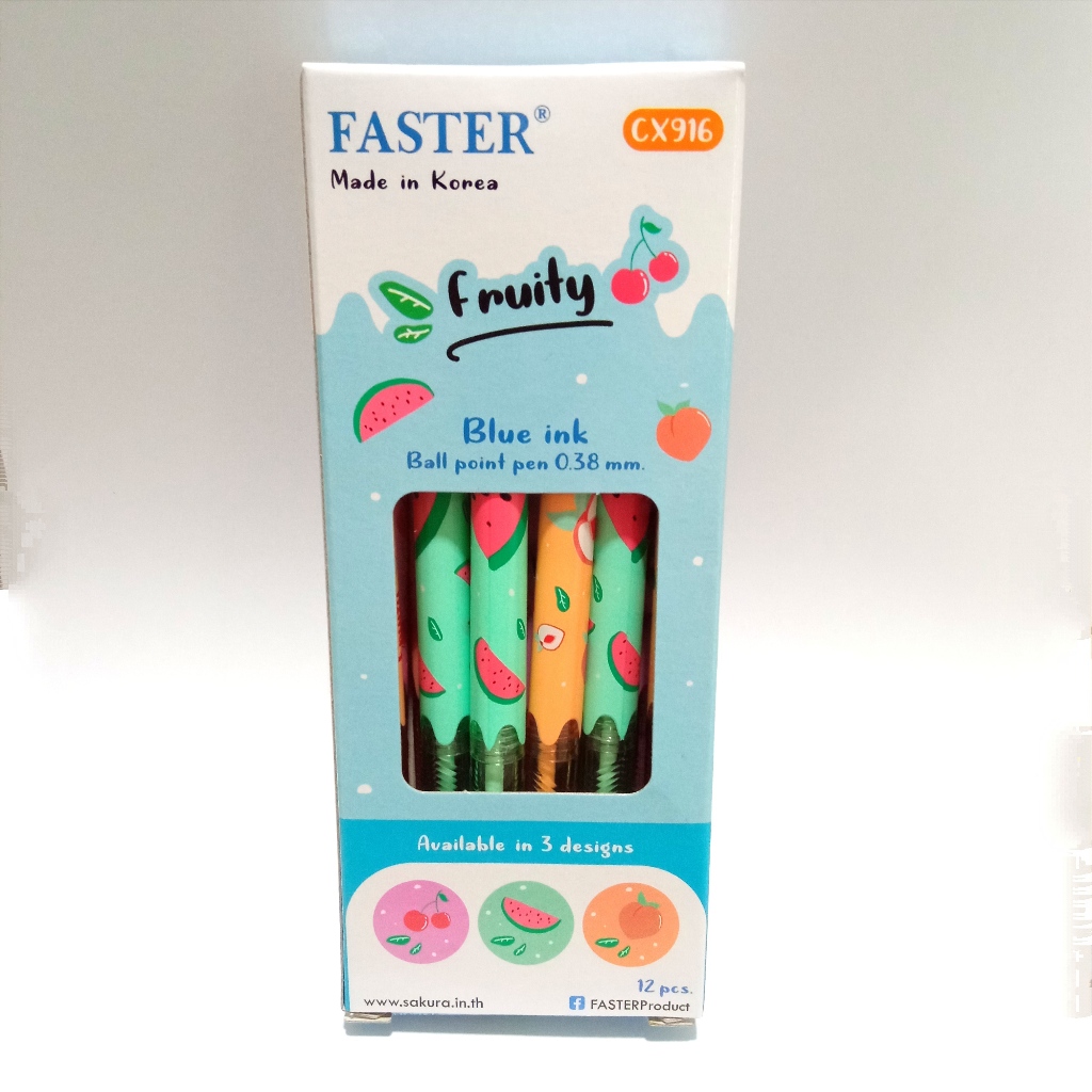 (12ด้าม) ปากกาลูกลื่น Faster CX916 Fruity ลายผลไม้ หมึกน้ำเงิน 0.38มม.