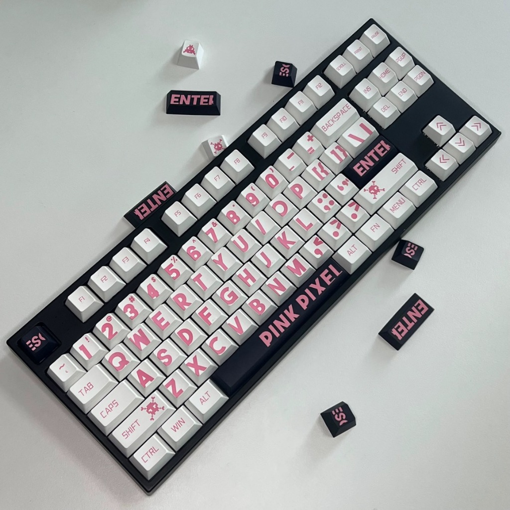 ⚡พร้อมส่งจากไทย⚡ รุ่นไหม่ keycaps คีย์ไทย133 PBT ปุ่มกดแป้นพิมพ์ DIYสำหรับแป้นพิมพ์เครื่องกล ตัวอักษรสีชมพู