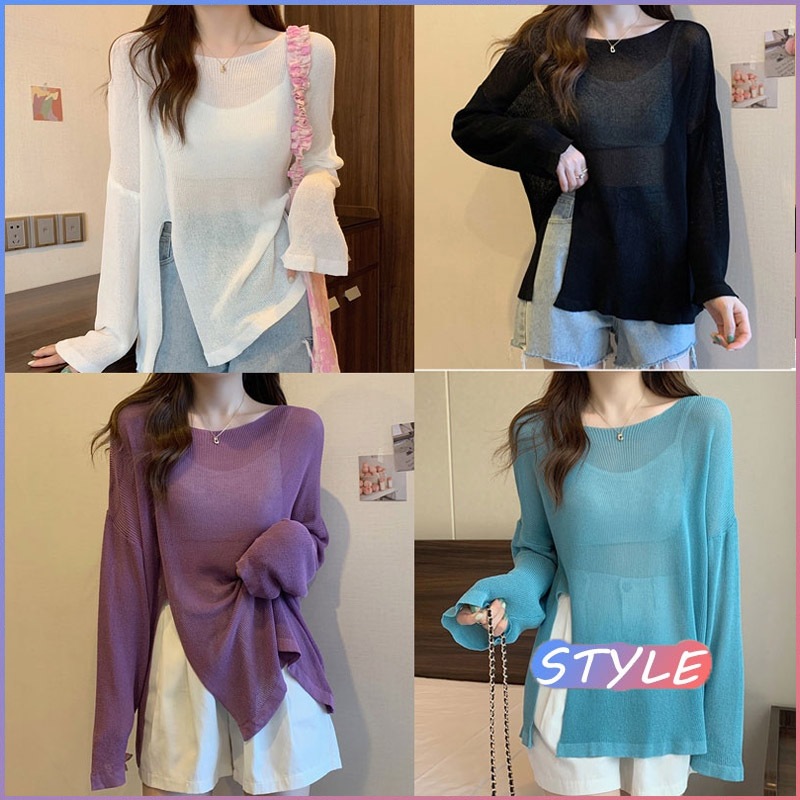 STYLE พร้อมส่ง 81105* เสื้อยืดแขนยาว สีพื้น เสื้อคลุมกันแดด ผ้าเรยอน แบบบาง ทรงหลวม 4 สี