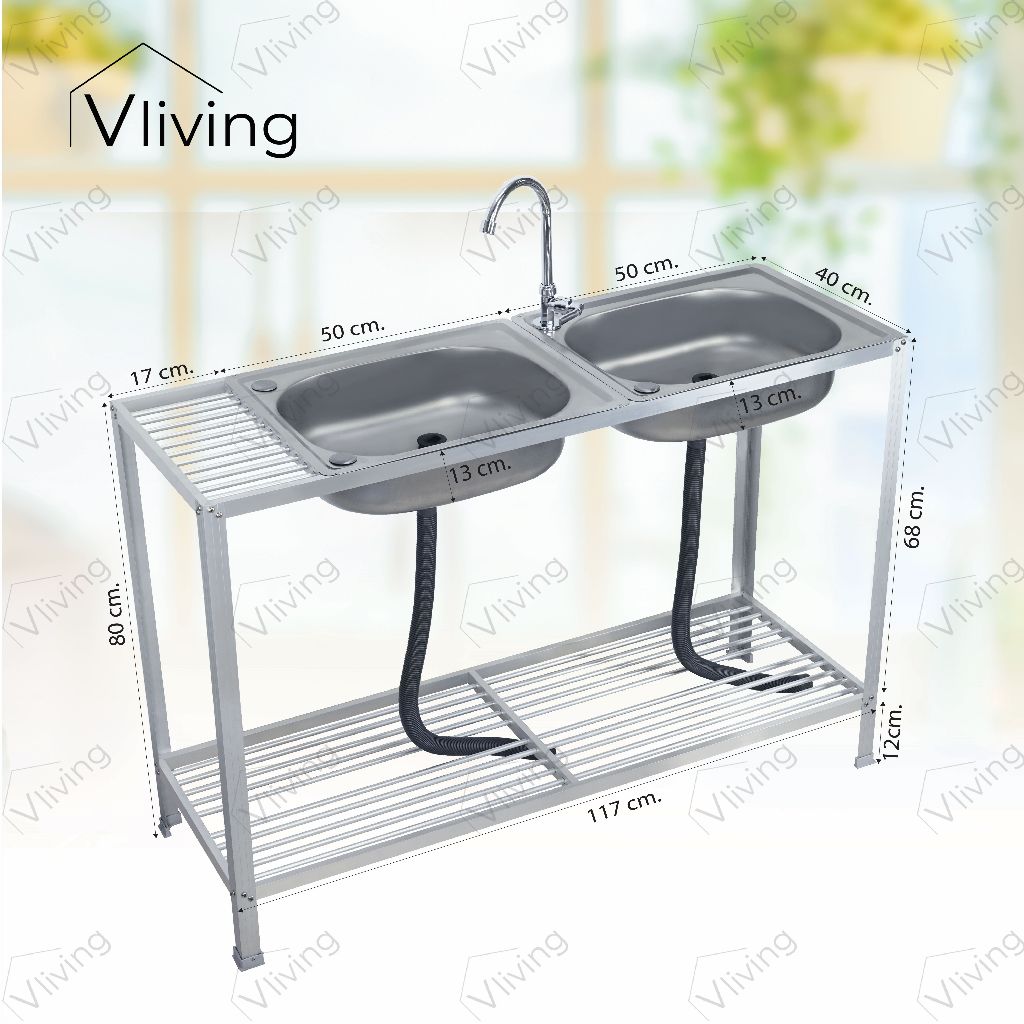 Vliving ซิ้งค์ล้างจาน อ่างล้างจาน สแตนเลส A 2หลุม 2ชั้น มีข้าง โครงอลูมิเนียม