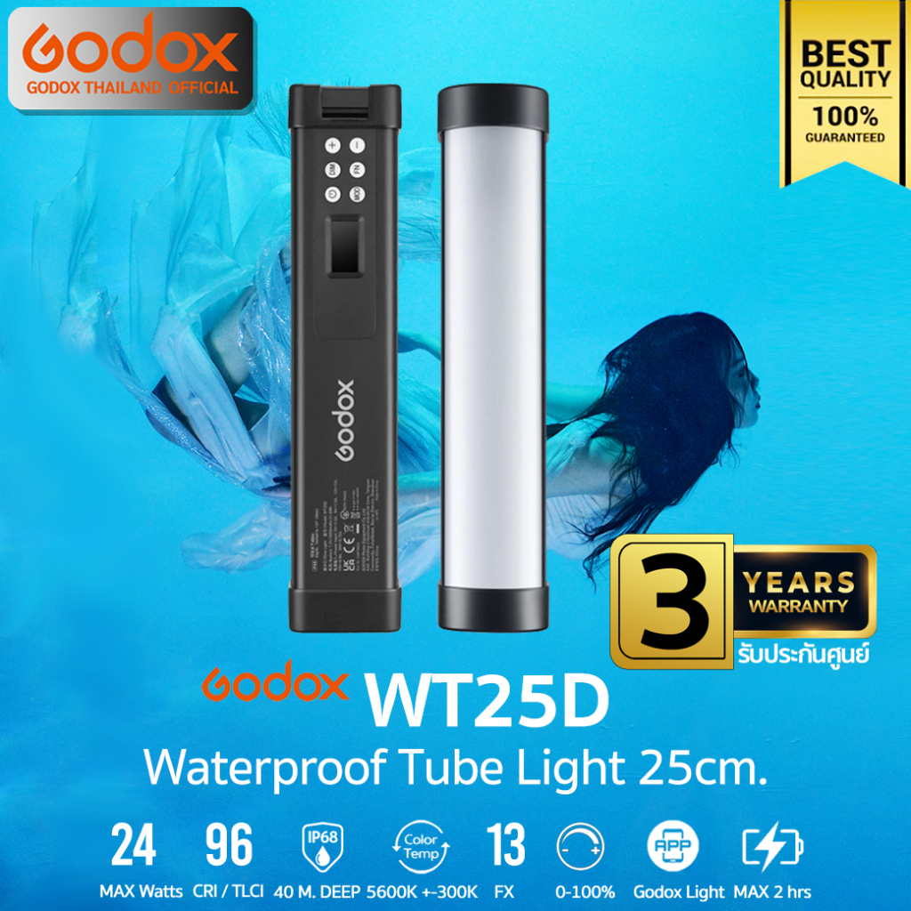 Godox LED WT25D - Waterproof IP68 40m., 24W, แสงขาว 5600K, Tube & Stick, Lithium Battery, Portable /