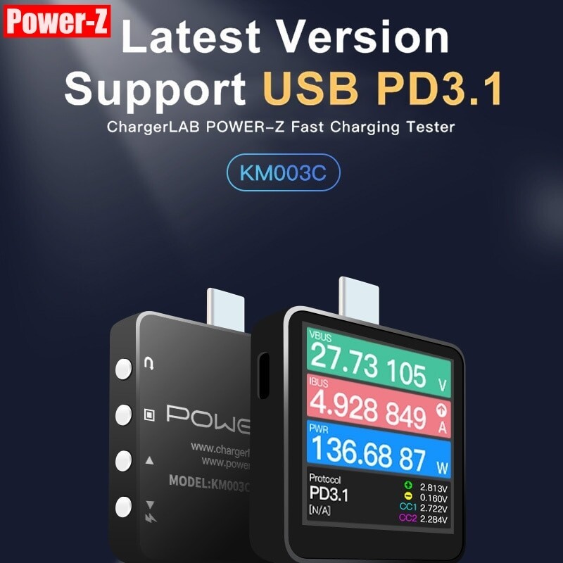 Chargerlab Power-Z KM003C USB PD3.1 QC5.0 โปรโตคอล 50v USB-C เครื่องวัดแรงดันไฟฟ้าแบบดิจิตอล เครื่องทดสอบสายชาร์จ