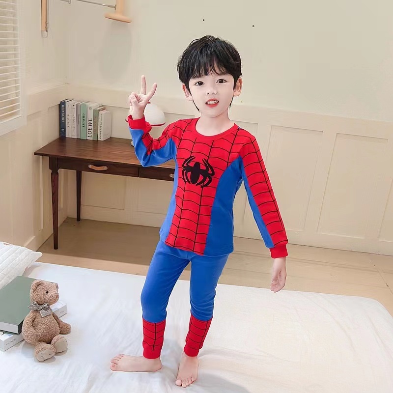 ชุดนอนเด็กชายผ้าฝ้ายแท้กางเกงขายาวแขนยาวเสื้อผ้าบ้านการ์ตูน นิ่มใส่สบาย