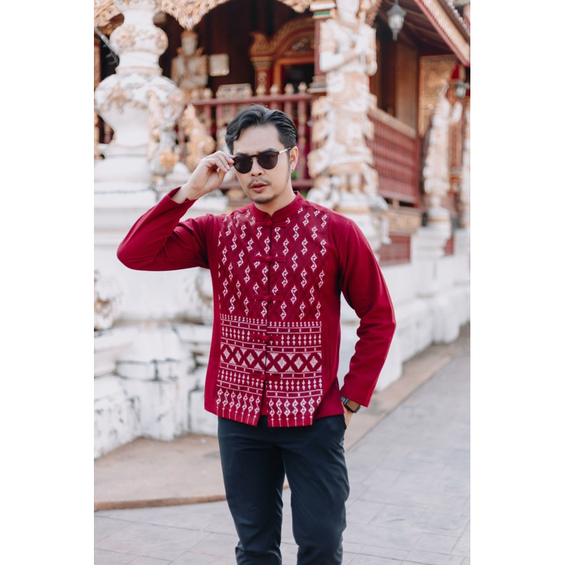 เสื้อผ้าฝ้ายเมืองฟอกนุ่มพิมพ์ลาย no.41แดงลายขอ