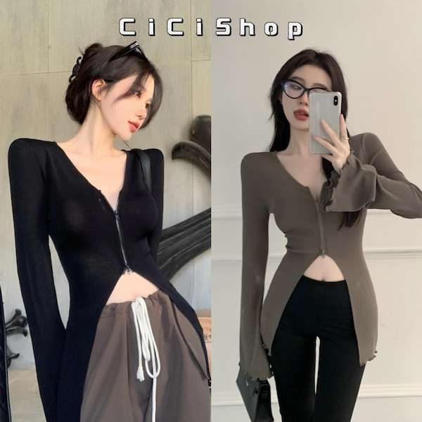Cicishop(H9330)เสื้อเเขนยาวผ้าเลยอน ดีเทลซิปหน้า ทรงสวยเข้ารูป แมชท์ได้หลายเเบบ