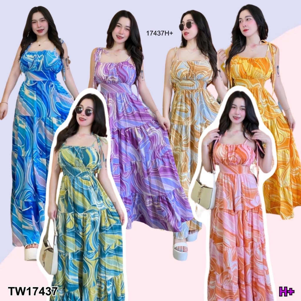 TwinsShopVip พร้อมส่ง TW17437 แม็กซี่เดรสสายเดี่ยวผูกไหล่ พิมลายหินอ่อน