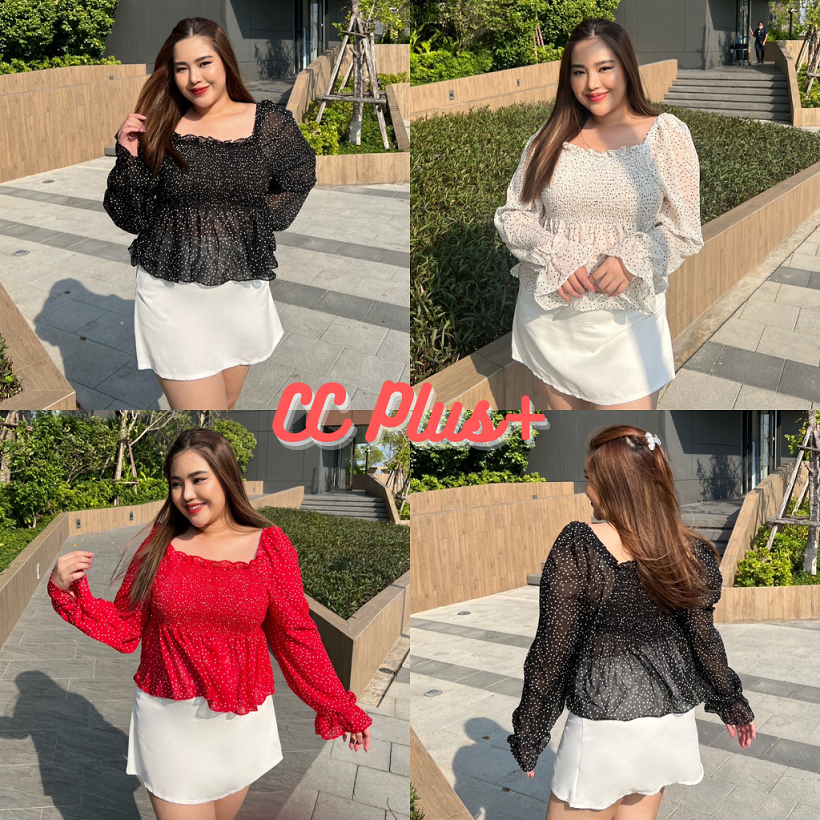 CiCi Plus+(3199)เสื้อเเขนยาวผ้าชีฟอง ใส่ได้2แบบ สม็อกหน้าหลัง ดีเทลเเต่งลายจุด ผ้าบางใส่สบาย สไตล์สาวพลัสไซส์