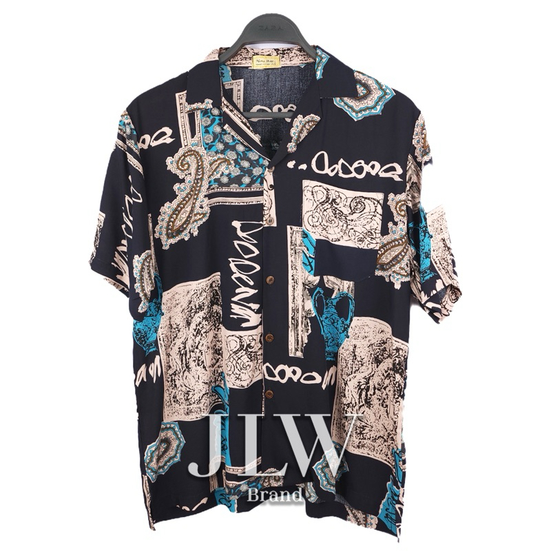 เสื้อฮาวาย ลายกรอบทอง กรม ผ้านิ่มใส่สบาย JLW BRAND ผ้าเรย่อน