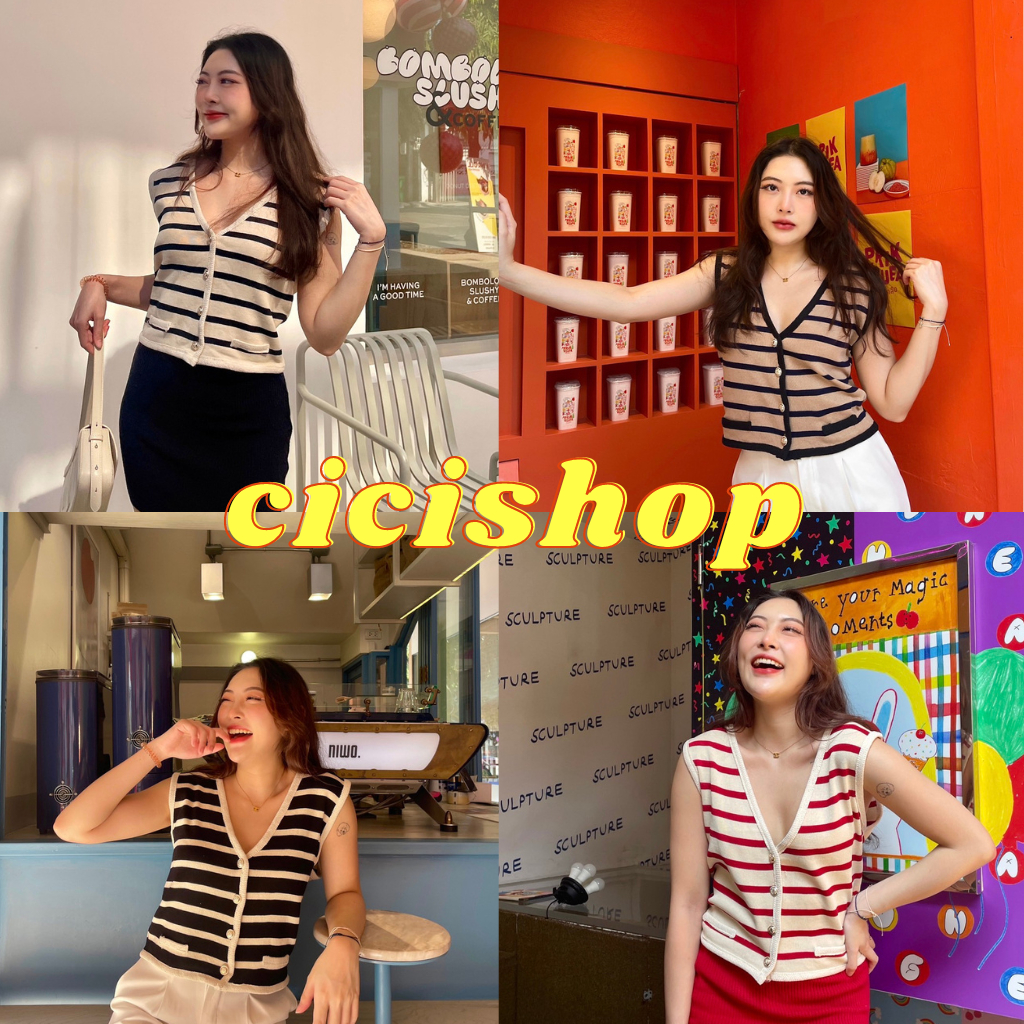 Cicishop(A1262-1)เสื้อไหมพรมแขนกุดลายทาง ดีเทลกระดุมหน้า ใส่แล้วดูแพง