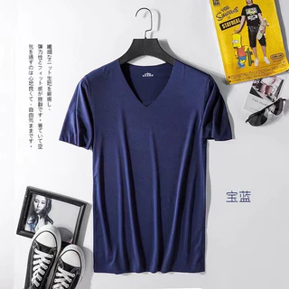 เสื้อยืดผู้ชาย แขนสั้น ผ้าไอซ์ซิลค์บางคอวี เสื้อกล้ามฟิตเนสออกกำลังกายในยิมผ้าไอซ์ซิลค์