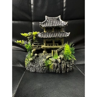 ของแต่งตู้ปลา - 15x18x9 Cm. ศาลาจีน เก๋งจีน สองชั้นบนฐานโขดหิน ต้นไม้ สวยงาม พร้อมส่ง