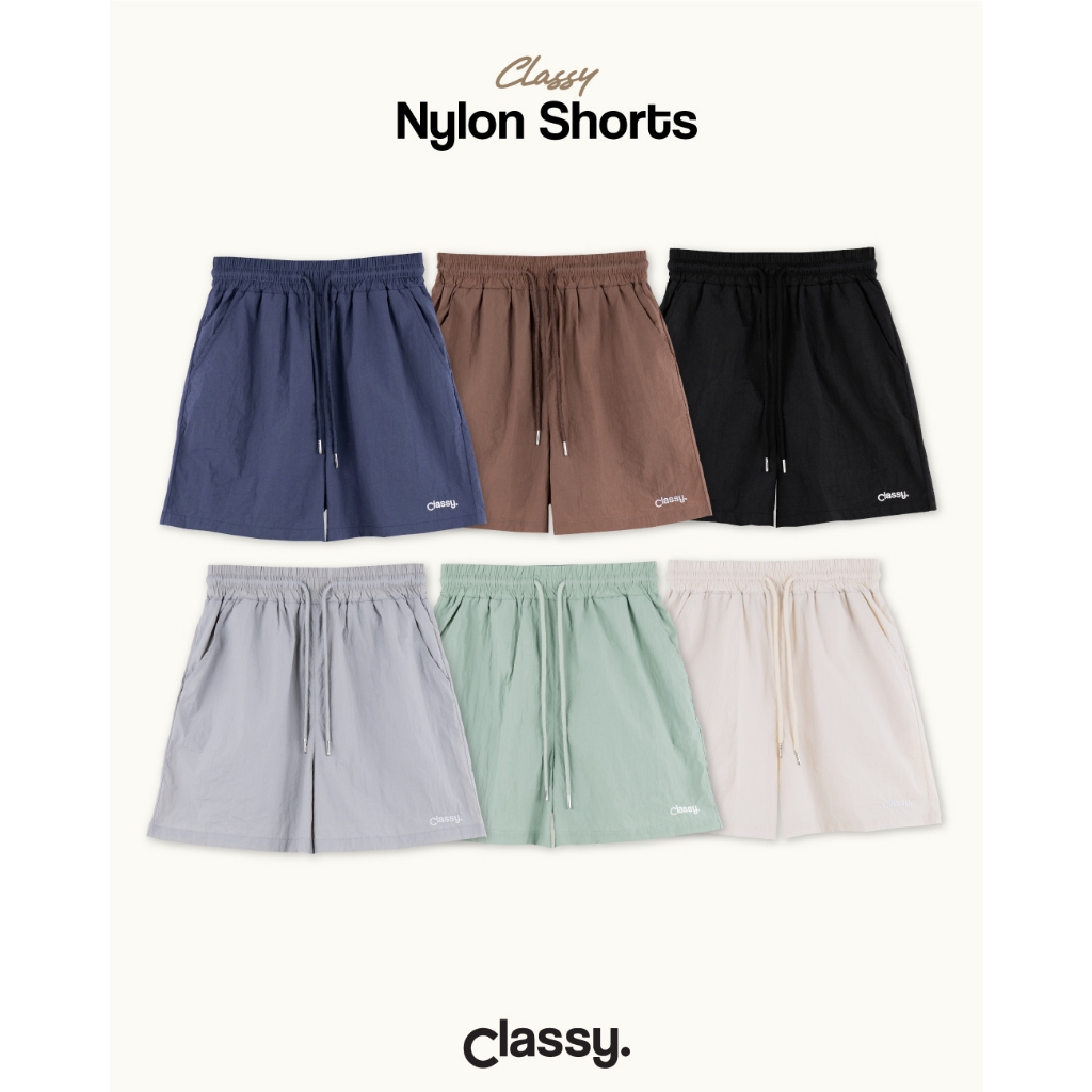 Classy - กางเกงขาสั้น ผ้าไนลอน ปักโลโก้ รุ่น Nylon Shorts
