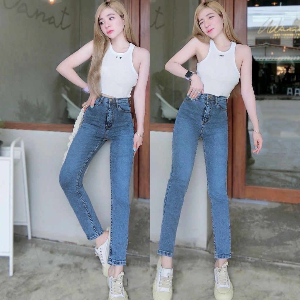Cc jeans 076 กางเกงยีนส์ ยืด ทรงบอย สียีนส์ฟอกด่าง