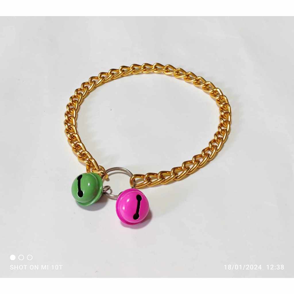 สร้อยคอหมา สร้อยคอแมว ปลอกคอ โซ่ อลูมิเนียม สีทอง รอบคอ 14-20 นิ้ว กระพรวนสีพาสเทล 2 ลูก (LTH-โซ่#7 