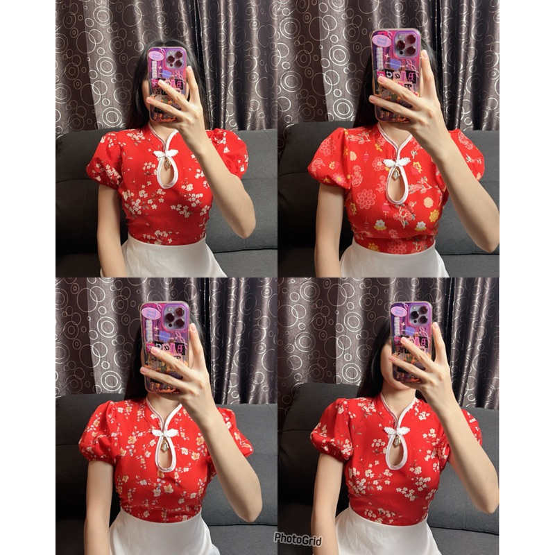 mnv_shop งานใหม่ต้อนรับตรุษจีน ผ้าไหมอิตลีพิมพ์ลาย อกหน้าผ้า 32"ยืดถึง35" ยาว16"ด้านหลัง ดึงยางสม็อค (TJ2)