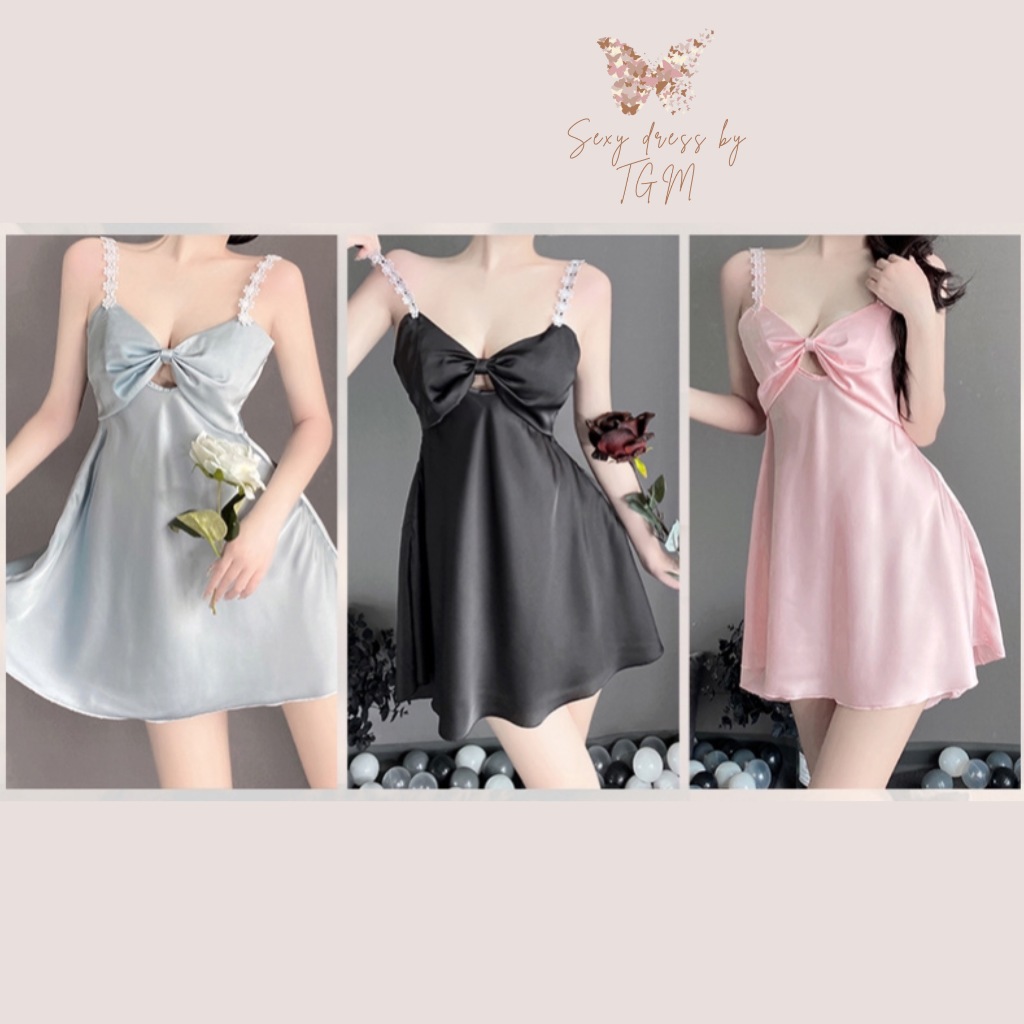(มีส่งแมส) ชุดนอนซาตินโบว์ใหญ่ด้านหน้าทรงสวยน่ารักผ้านิ่มใส่สบาย S042