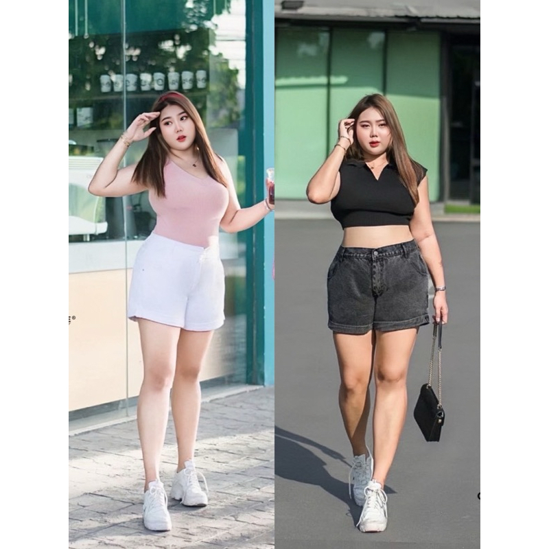 VL25มีไซส์34-42กางเกงยีนต์ขาสั้นเรียบไม่ยืดสาวอวบอ้วน