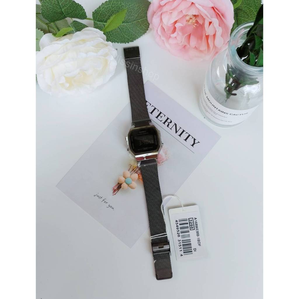 นาฬิกา Casio รุ่น A168WEMB-1B และ A171WEMB-1A นาฬิกาหน้าปัดดิจิตอล สายถัก สีเทาดำ ของแท้ 100% รับประกันสินค้า 1 ปีเต็ม