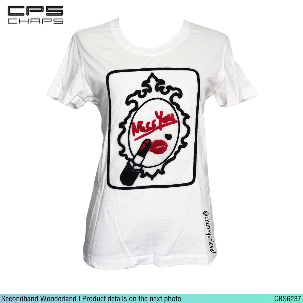 💖USED CPS Chaps - White Graphic T-Shirt | เสื้อยืดสีขาว สีดำ แขนสั้น คอกลม ลายกราฟิก ลายปัก ตาข่าย ส