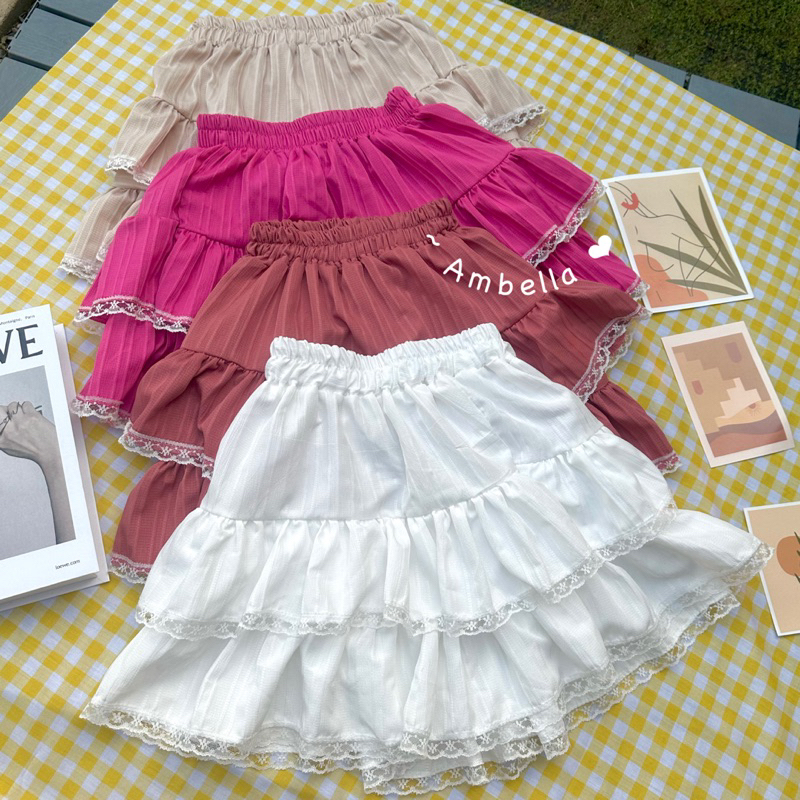 Ambella พร้อมส่ง กระโปรงสั้นแต่งระบายลูกไม้เป็นชั้น งานน่ารัก สไตล์สาวเกาหลี