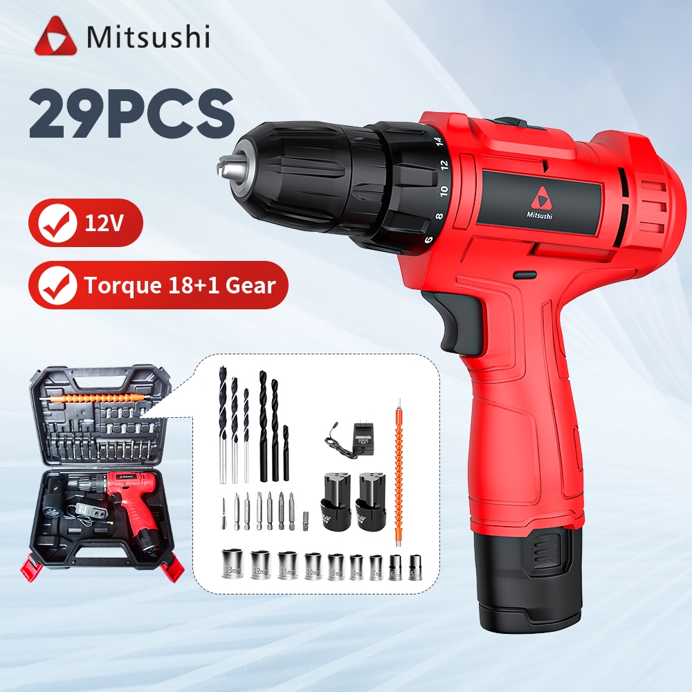 Mitsushi สว่านไร้สาย 29pcs ปรับแรงขันได้ 18+1 ระดับ สว่าน สว่านไฟฟ้า สว่านกระแทกไร้สาย ชุดสว่านไฟฟ้า พร้อมแบตเตอรี่ 2 ก้