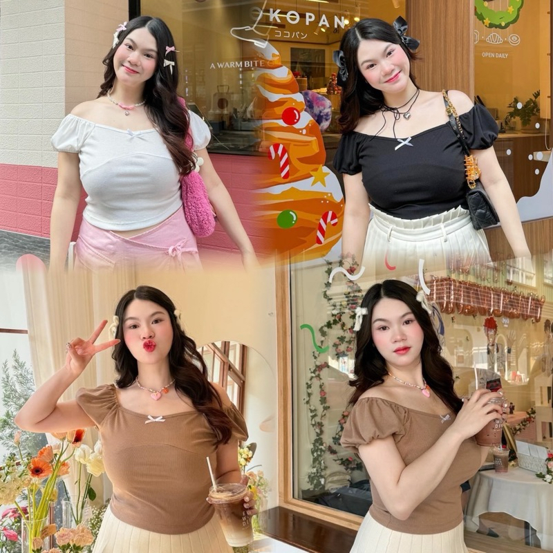 Rakam เสื้อครอปปาดไหล่ เสื้อครอปสาวอวบแขนตุ๊กตา อก36-50นิ้ว (มีไซซ์) plussize