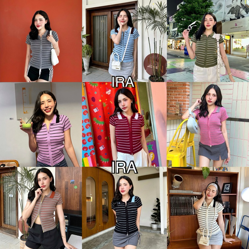 BY IRA Tank Top ครอปคอปกลายทางปักลายปังสุดๆ ดีเทลซิปหน้า