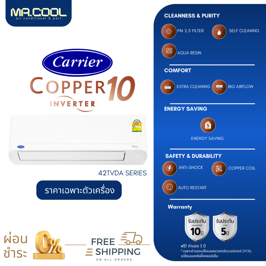 ⚡ส่งฟรี ⚡แอร์ Carrier (แคเรียร์) รุ่น Copper10 (TVDA) ราคาเฉพาะตัวเครื่อง